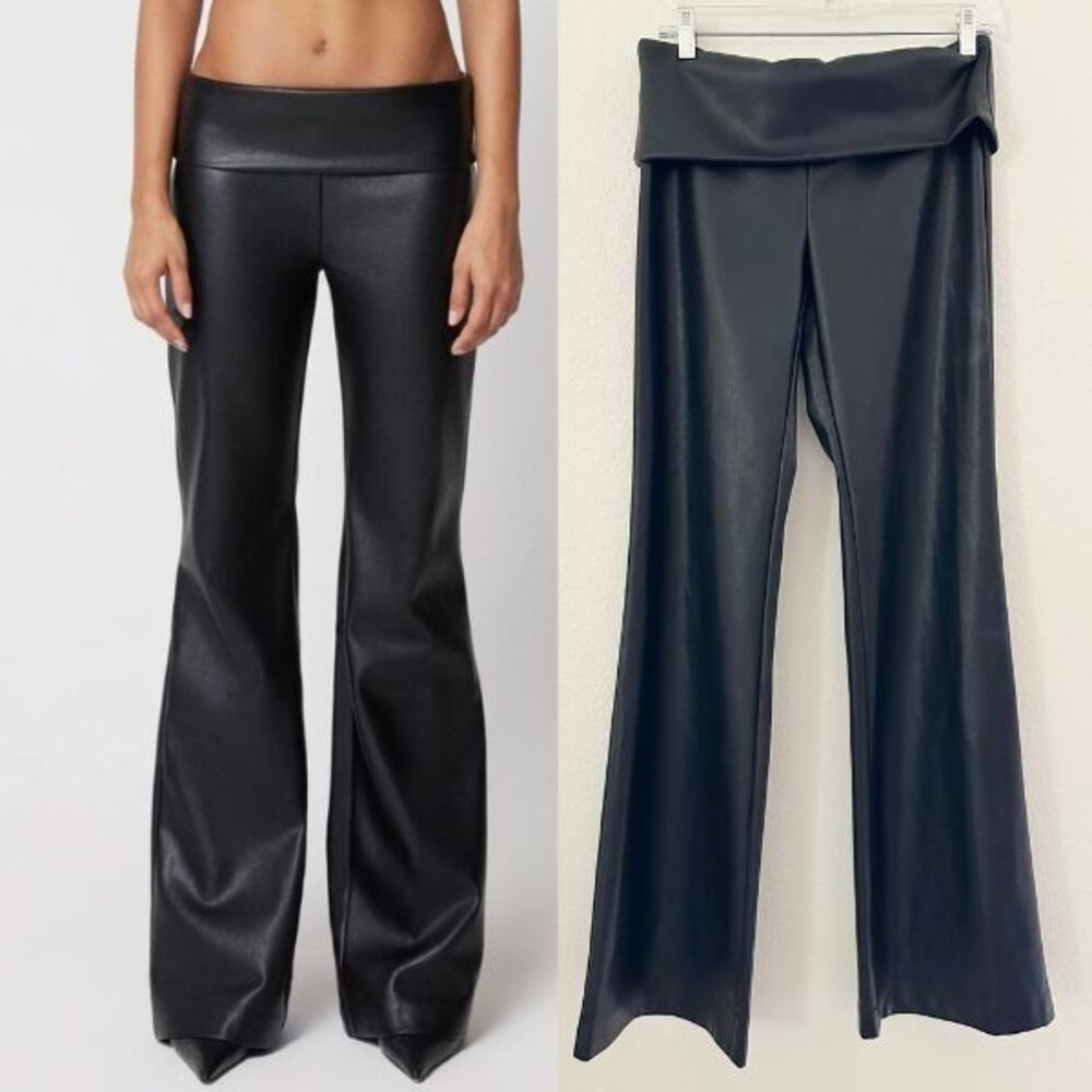 Khy Kylie Jenner Faux Leather Low Rise Foldover Pant Flare Black Women's XSmall